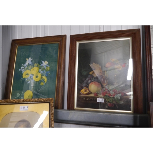 2120 - Two Edwardian oak framed prints, still life of fruits and flowers