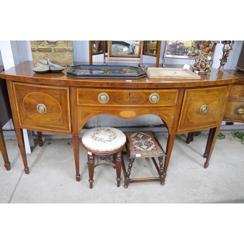 2142 - A Georgian mahogany and satinwood cross-banded bow fronted side board with three drawers, 186cm wide