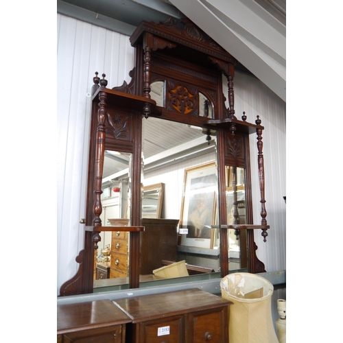 2151 - A Victorian mahogany over mantle mirror , carved and turned details 105 x 124cm