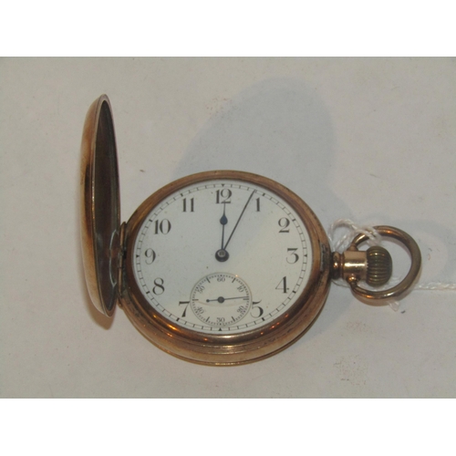 4411 - A gold plated full hunter pocket watch, Arabic numeral dial with subsidiary dial, blued hands, movem... 