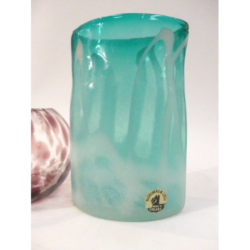 7324 - A Riihimaen Lasi Glass green vase with white swirl, original label, 25.5cm high plus a Kastrup Glas ... 