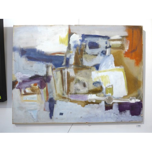 7595 - An unframed oil on canvas, abstract forms, label verso giving title as 'Red Quango' and dated 1978 w... 