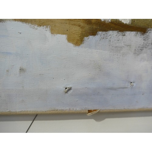 7595 - An unframed oil on canvas, abstract forms, label verso giving title as 'Red Quango' and dated 1978 w... 