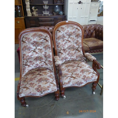 1091 - A pair of mid-Victorian (ladies & gents) armchairs with Oriental design upholstery