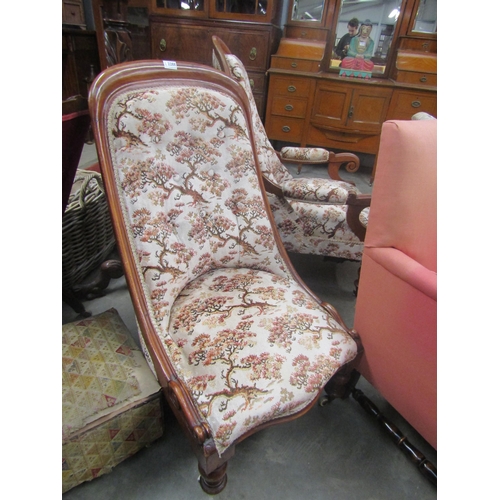 1091 - A pair of mid-Victorian (ladies & gents) armchairs with Oriental design upholstery