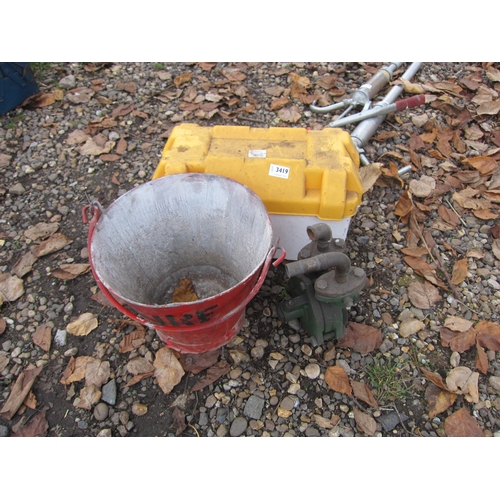 3419 - A galvanised fire bucket, a stationary engine pump and a battery box