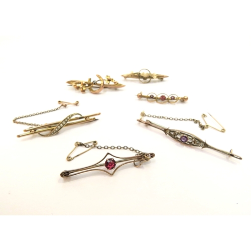 9345 - Six Edwardian gold brooches including seed pearl and amethyst examples, 10.6g total