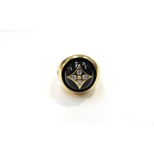 9063 - LOUIS VUITTON; An 18ct yellow gold Blossom Signet Ring, Onyx and Diamond set domed cabochon. Size J/... 