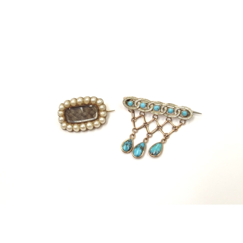 9199 - A 9ct gold white enamel and turquoise drop brooch and an unmarked memoriam pearl and woven hair pane... 