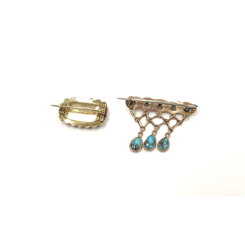 9199 - A 9ct gold white enamel and turquoise drop brooch and an unmarked memoriam pearl and woven hair pane... 