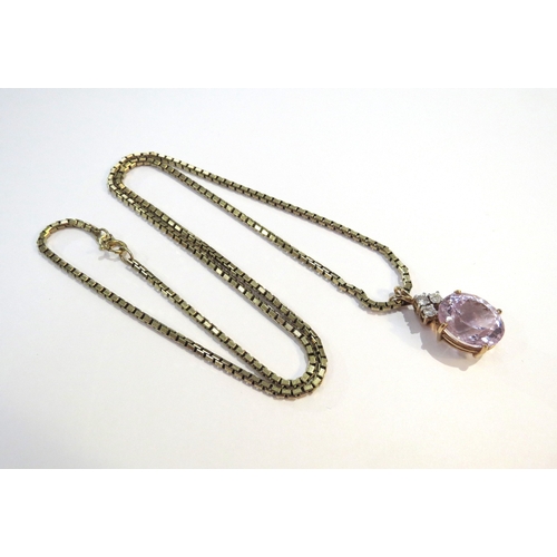 9121 - A 9ct gold box chain necklace, 60cm long hung with three stone diamond and facet cut pink kunzite pe... 