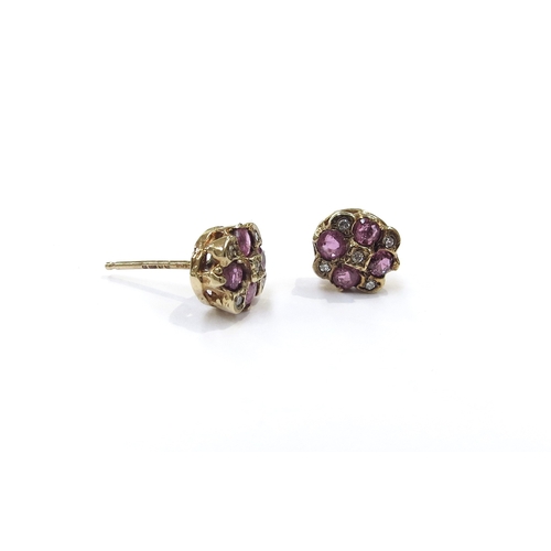 9117 - A pair of 9ct gold ruby and diamond cluster earrings, 1.6g