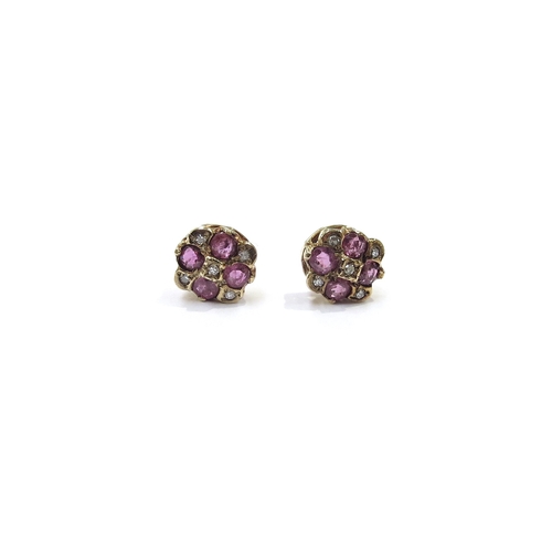 9117 - A pair of 9ct gold ruby and diamond cluster earrings, 1.6g