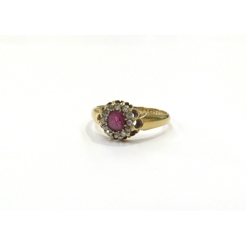 9010 - A late 19th Century 18ct gold old cut diamond and ruby cluster ring. Size O, 3g