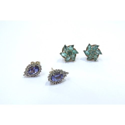 9116 - Two pairs of 9ct gold earrings including emerald clusters and  tanzanite and diamond studs, 4g