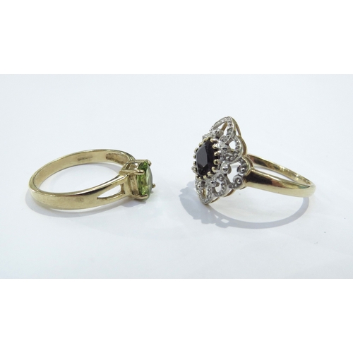 9236 - Two 9ct gold rings, sapphire and diamond in open work frame and peridot, sizes R and N/O, 4.8g