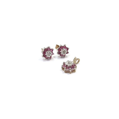 9183 - A pair of ruby and diamond cluster earrings and a matching pendant, 1.6g