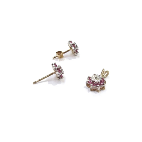 9183 - A pair of ruby and diamond cluster earrings and a matching pendant, 1.6g