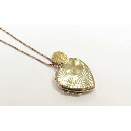 9376 - A 9ct gold heart shaped locket with a small St Christopher on 9ct gold chain, 50cm long, 5.7g total