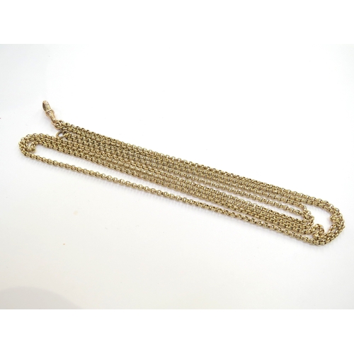 9380 - A gold guard chain stamped 9c, 140cm long, 20.7g