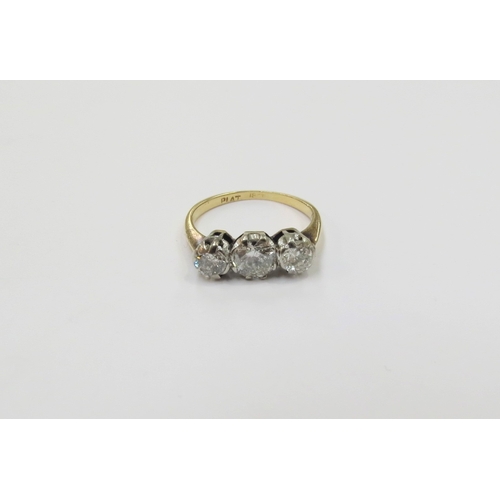 9153 - An 18ct gold platinum set three stone diamond ring, 0.90ct total approx. Size I, 2.5g