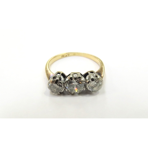 9153 - An 18ct gold platinum set three stone diamond ring, 0.90ct total approx. Size I, 2.5g