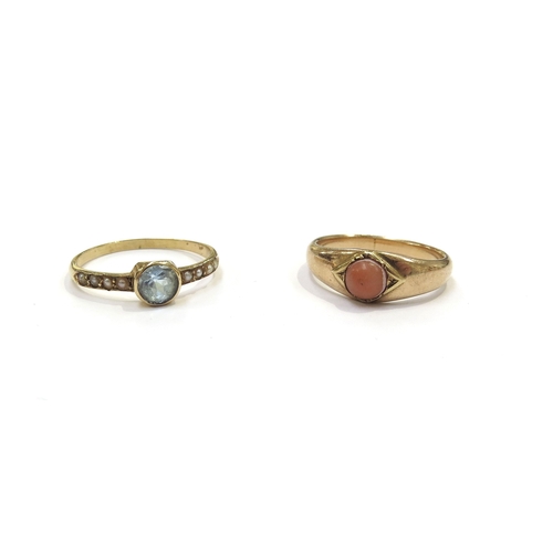 9159 - Two unmarked gold rings including coral cabochon and aquamarine and pearl. Sizes L/M and M, 5.1g