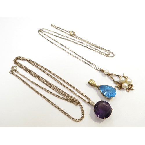 9377 - A 9ct gold chain hung with a pearl pendant, 9ct gold chain hung with an amethyst pendant and a topaz... 