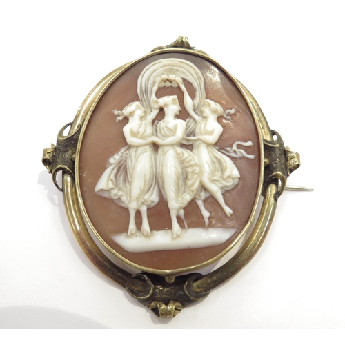 9378 - A Victorian carved cameo brooch depicting the three Graces in pinchbeck frame, 7cm x 6cm