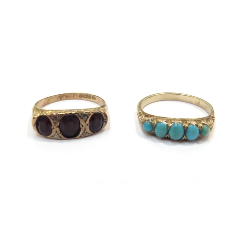 9386 - A 9ct gold three stone garnet ring. Size M and a five stone graduated turquoise cabochon example, un... 