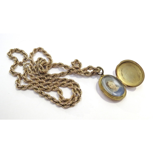 9129 - A 9ct gold rope twist necklace, 60cm long, 15.7g hung with a miniature portrait locket, unmarked