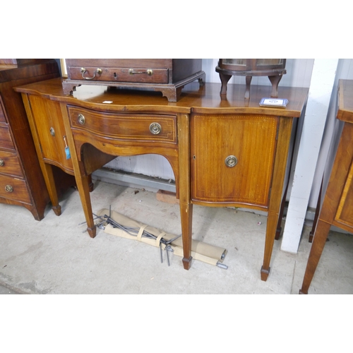 1096 - An Edwardian line inlaid mahogany serpentine front sideboard with key, 89cm tall x 153cm long x 59cm... 