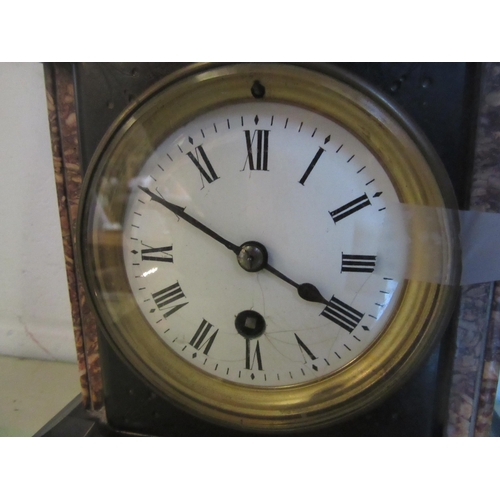 1013 - A slate and marble mantel clock surmounted by brass dog capturing pheasant, Roman numeral dial, with... 