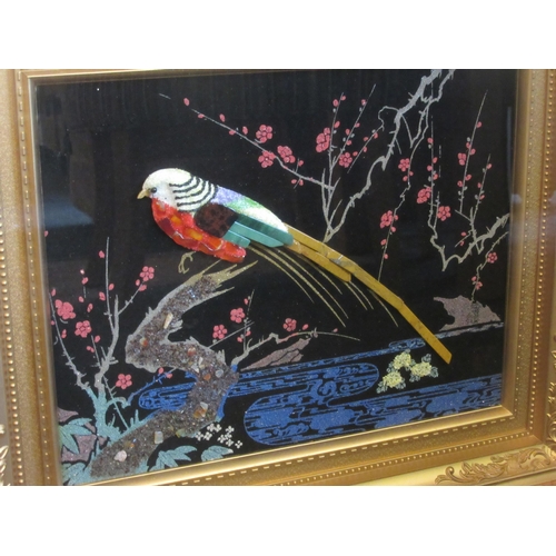 1019 - A mixed media of bird of paradise with blossom, framed and glazed, 32cm x 38cm image size