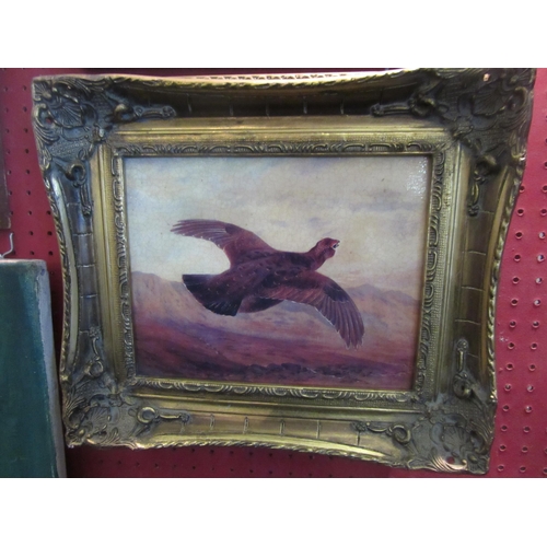 1029 - Two gilt-framed oleographs of pheasants in flight, 19cm x 24cm image sizes