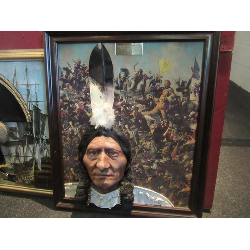 1031 - Two 3D sculptures of Lord Horatio Nelson and Sitting Bull, surmounted on related prints, framed