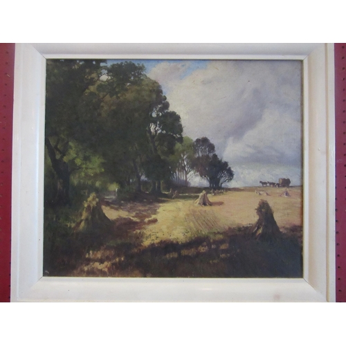 1035 - M.J HOLMAN: Two early-mid 20th Century rural scenes, oils on canvases, cattle and haystacks, both si... 