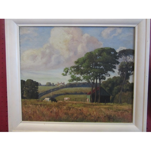 1035 - M.J HOLMAN: Two early-mid 20th Century rural scenes, oils on canvases, cattle and haystacks, both si... 