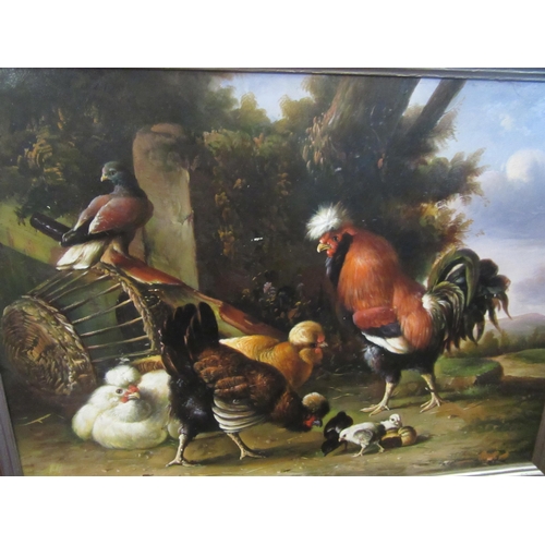 1039 - An oil on board of cockerel, hens, chicks and a pigeon. Framed. 29cm x 39.5cm image size