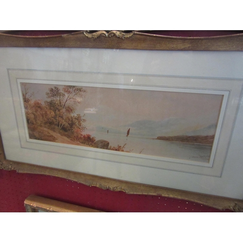 1040 - S.E. HALL (XIX-XX): A pair of watercolours, sailing vessels, hills beyond, 16.5cm x 49.5cm image siz... 