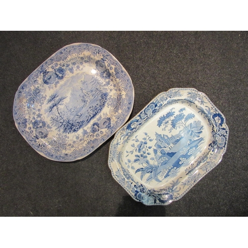 1063 - Two large blue and white meat platters, a/f, one with staple repair, approximately 50cm long