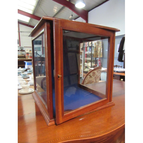 1095 - A mahogany display cupboard, three glazed panels, with key, 45cm tall x 42cm wide x 42cm deep