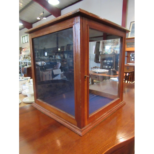 1095 - A mahogany display cupboard, three glazed panels, with key, 45cm tall x 42cm wide x 42cm deep