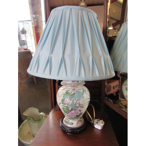 1110 - A pair of Oriental style table lamps with pale blue pleated shades