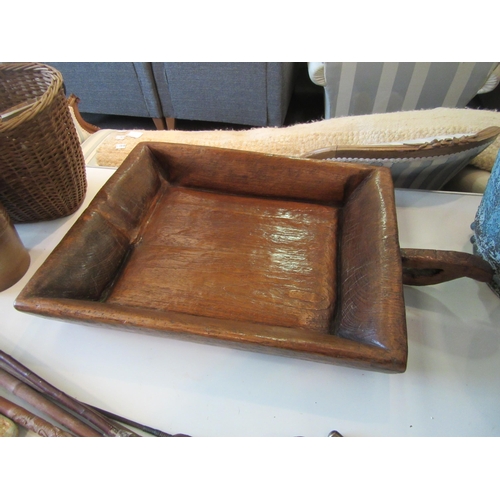 1120 - A large rustic carved hardwood tray with handle, 77cm long