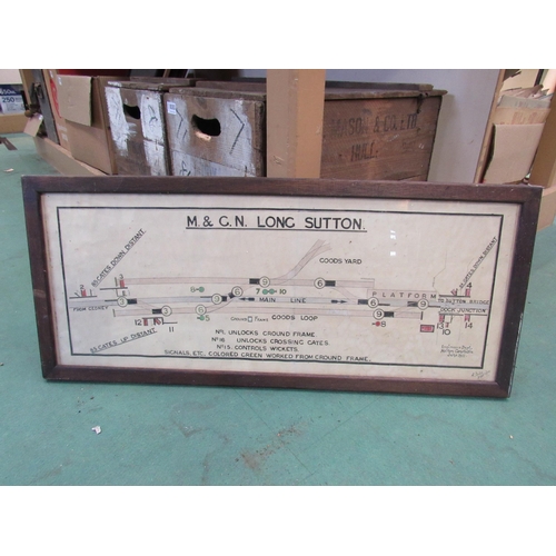 8007 - A framed and glazed M&GN Long Sutton signal box diagram, 75cm long