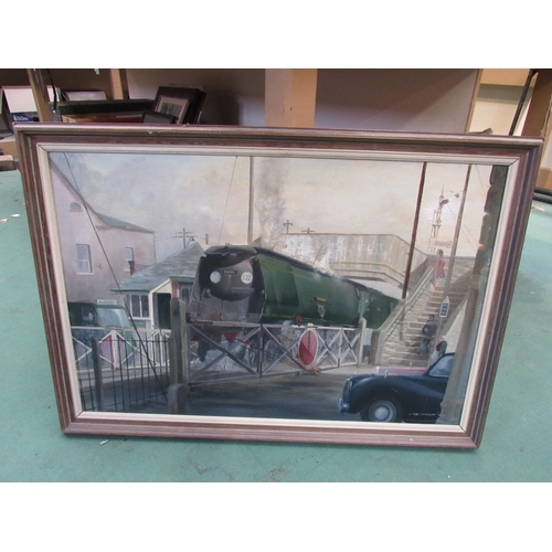 8013 - A framed oil on board of locomotive 34006 'Bude' pulling away from station, signed and dated bottom ... 