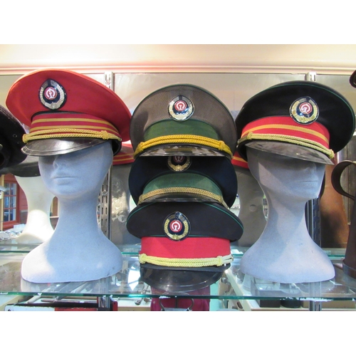 8016 - Five various Chinese railways peaked hats, mixed colours and some with front braiding