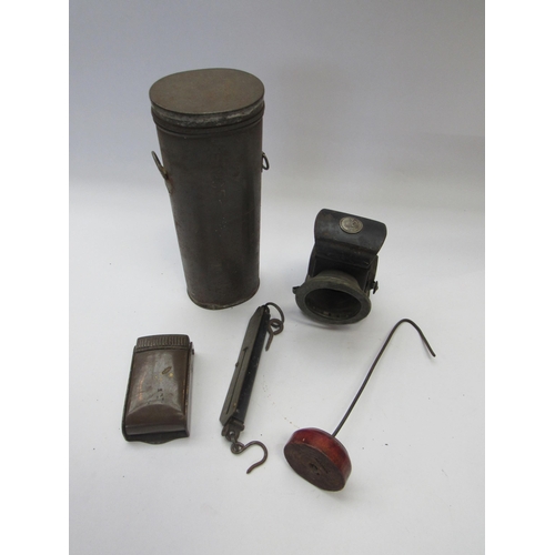 8024 - A paraffin bike lamp, LNER ash tray, postal scales SNCF canister and receipt hook