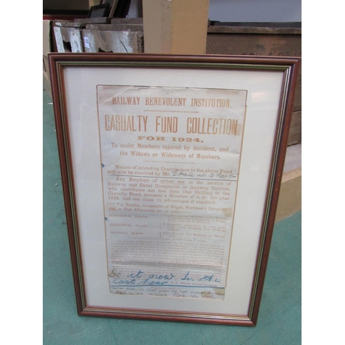 8040 - A framed and glazed Railway Benevolent Fund Institution Casualty Fund Collection 1924, 39.5 x 29.5cm